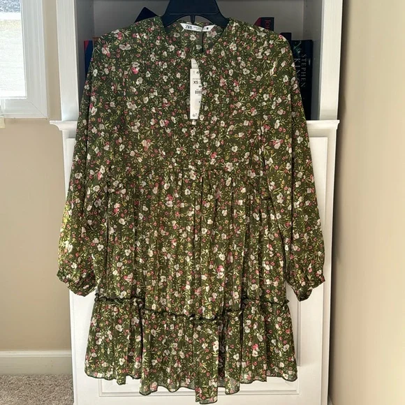 NWT Zara Women's Multicolor Long Sleeve Floral Metallic Ruffle Mini Dress XS - Picture 2 of 8